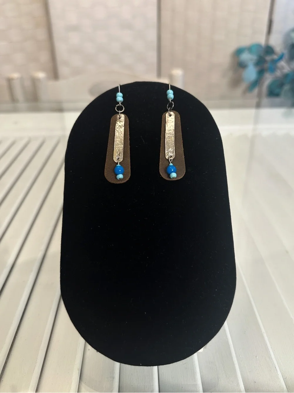 Handcrafted Leather & Tin Metal, Blue /Turquoise Bead Drop Earrings